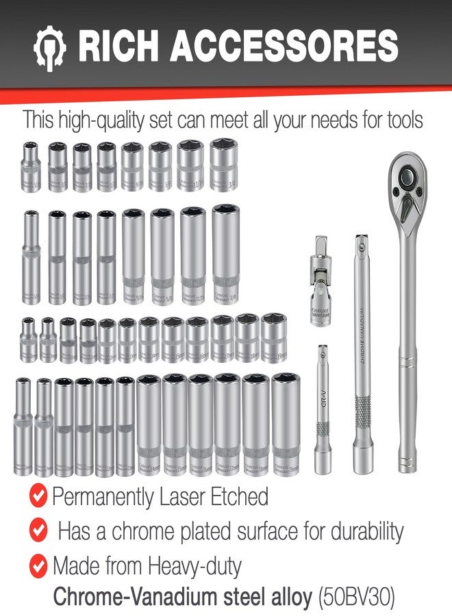 EACELIY 44pcs 3/8" Drive Impact Socket Set,Drive Master Socket Set,SAE/Metric, Deep & Shallow with 3/8" Drive Head Ratchet,Universal Joint,Extension bar (3” & 6”),6 Point,CR-V Steel，Mirror Chrome - Image 4